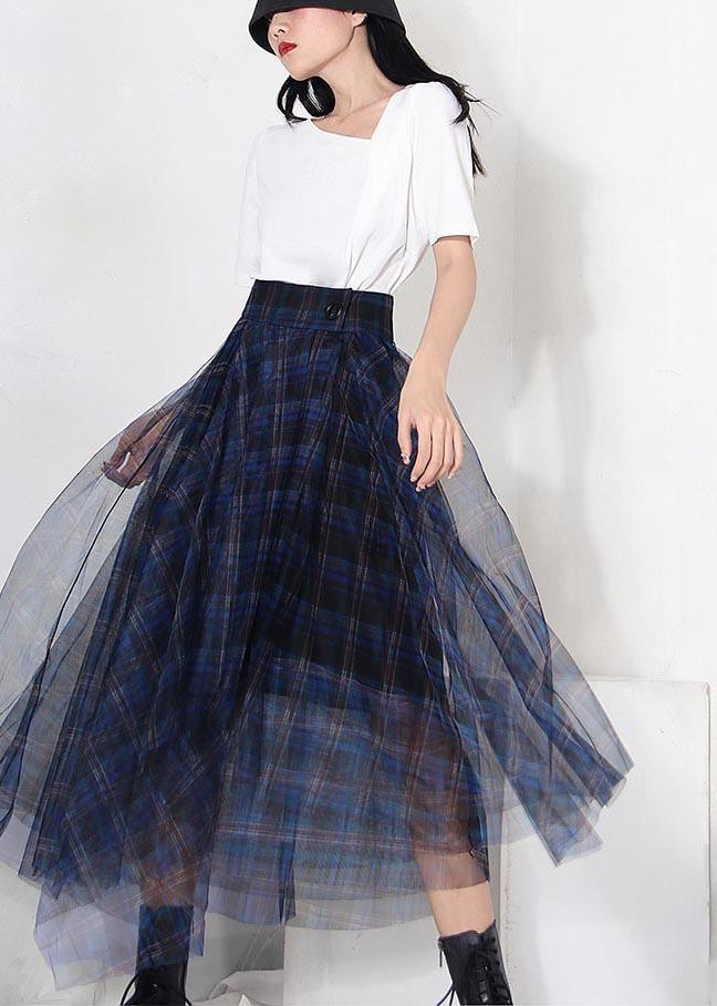 Fine Blue Plaid Button Asymmetrical Summer Skirt - Omychic