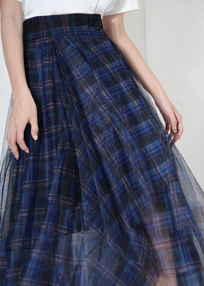 Fine Blue Plaid Button Asymmetrical Summer Skirt - Omychic