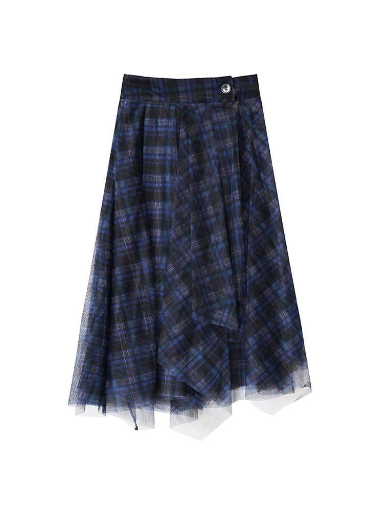 Fine Blue Plaid Button Asymmetrical Summer Skirt - Omychic