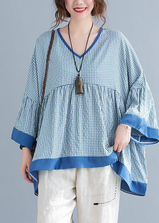 Fine Blue Plaid Patchwork flare sleeve Top Spring Summer - Omychic