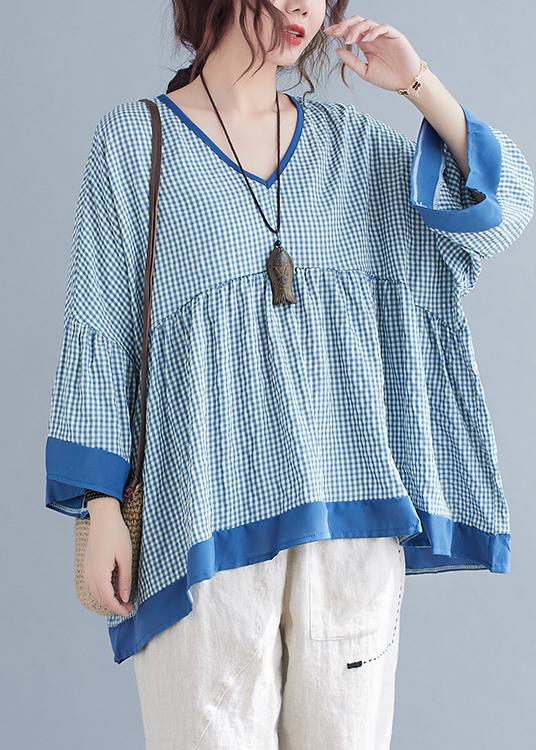 Fine Blue Plaid Patchwork flare sleeve Top Spring Summer - Omychic