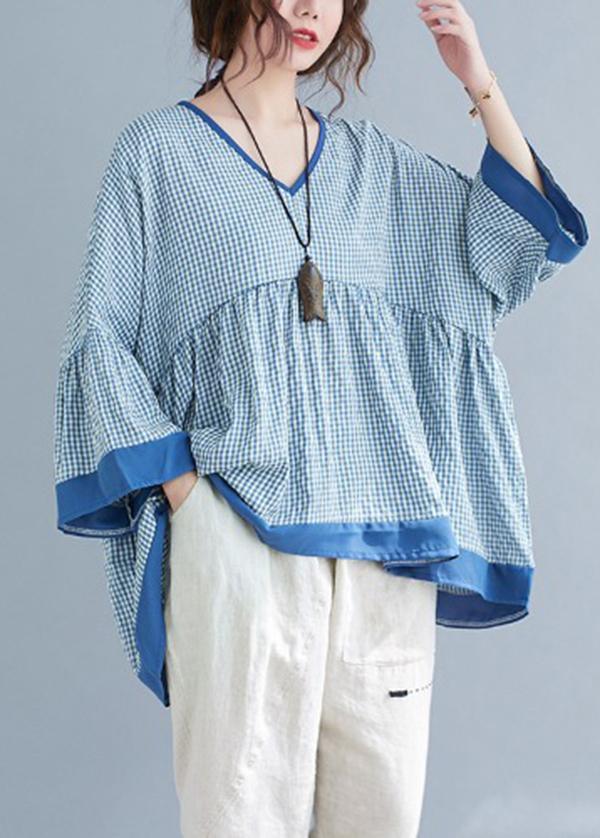 Fine Blue Plaid Patchwork flare sleeve Top Spring Summer - Omychic