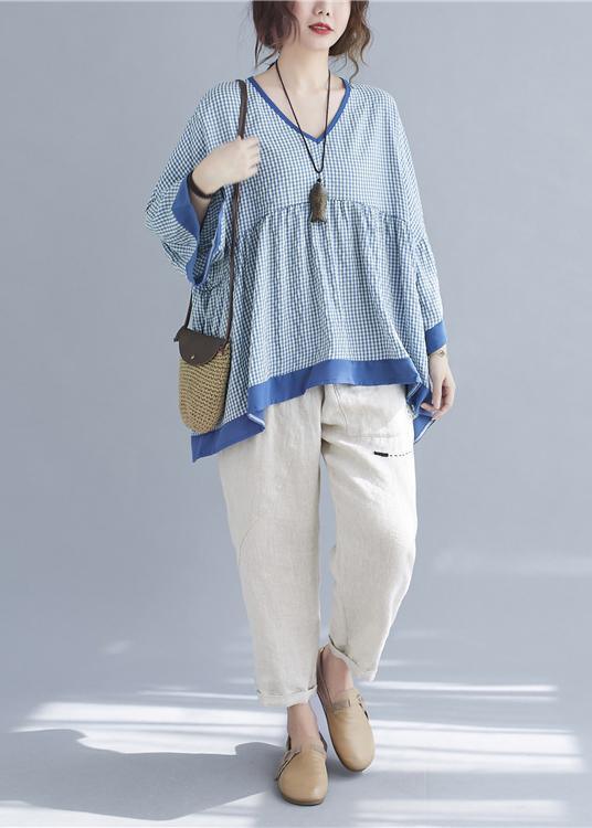 Fine Blue Plaid Patchwork flare sleeve Top Spring Summer - Omychic