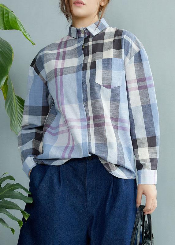 Fine Blue Plaid Print Pockets Button Fall Shirt Long Sleeve - Omychic