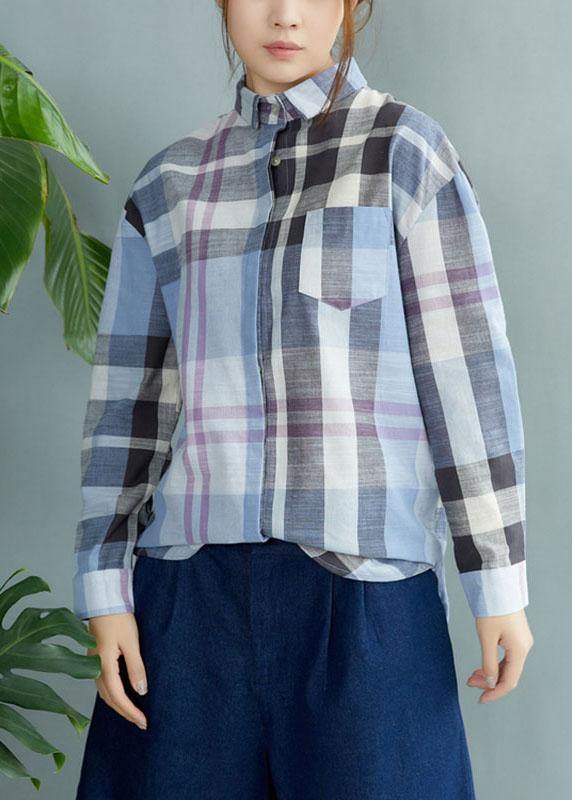 Fine Blue Plaid Print Pockets Button Fall Shirt Long Sleeve - Omychic