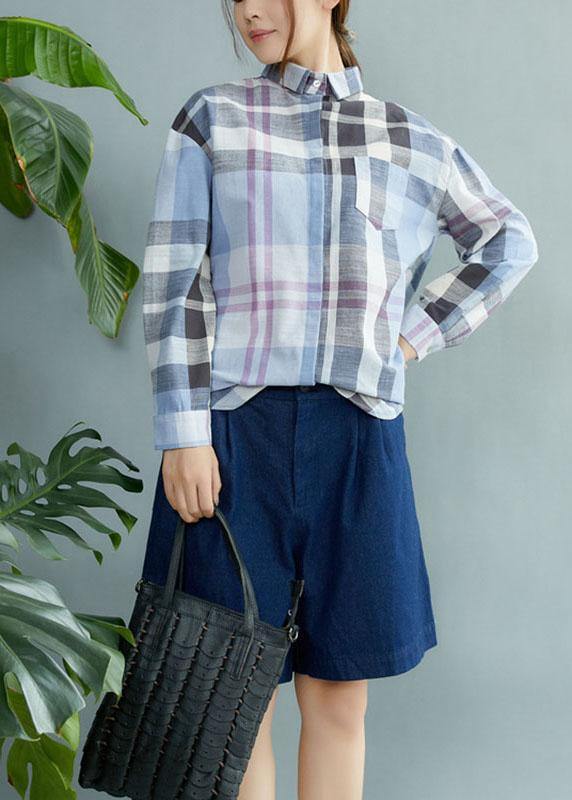 Fine Blue Plaid Print Pockets Button Fall Shirt Long Sleeve - Omychic