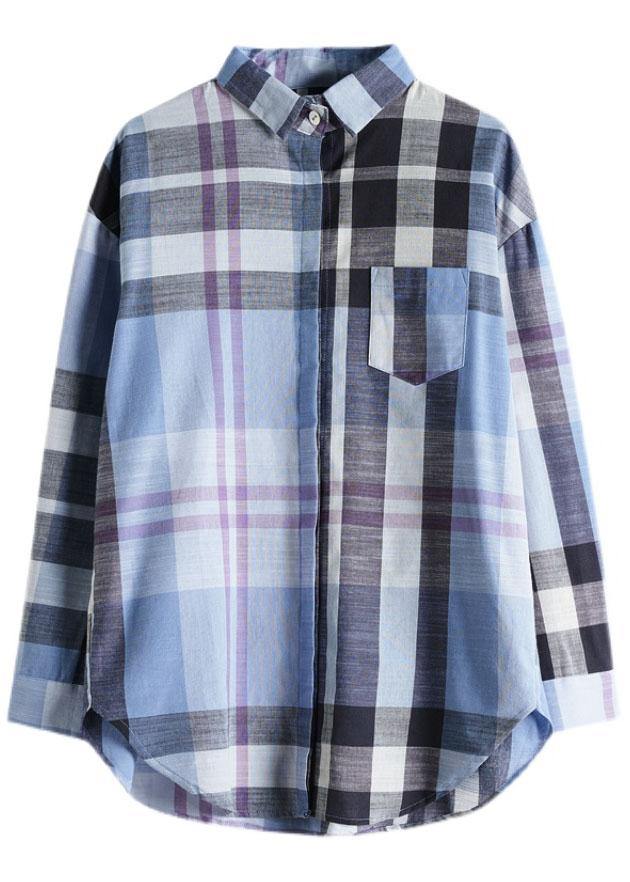 Fine Blue Plaid Print Pockets Button Fall Shirt Long Sleeve - Omychic