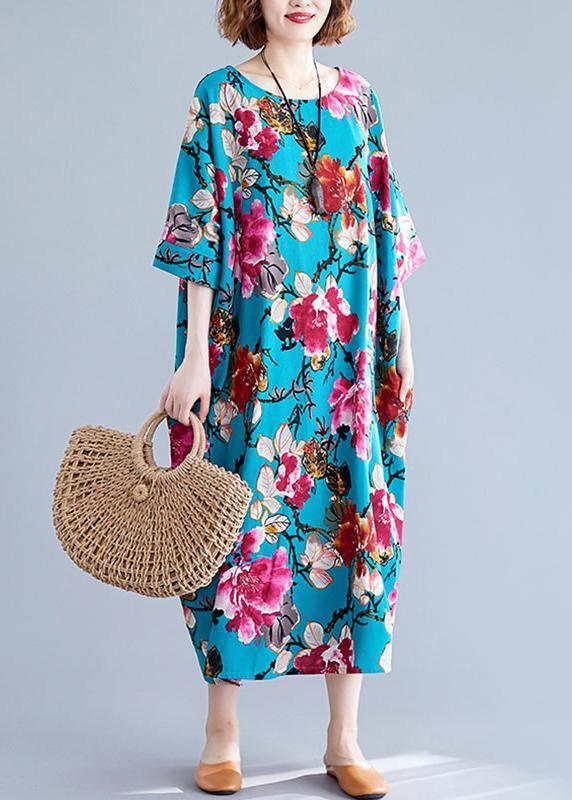 Fine Blue Print Linen Vacation Summer Cotton Dress - Omychic