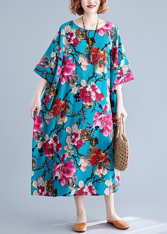 Fine Blue Print Linen Vacation Summer Cotton Dress - Omychic