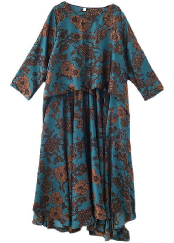 Fine Blue Print Silk asymmetrical design Summer Vacation Dresses - Omychic