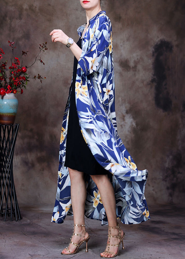 Fine Blue Stand Collar Print Wrinkled Button Silk Long Cardigans Half Sleeve