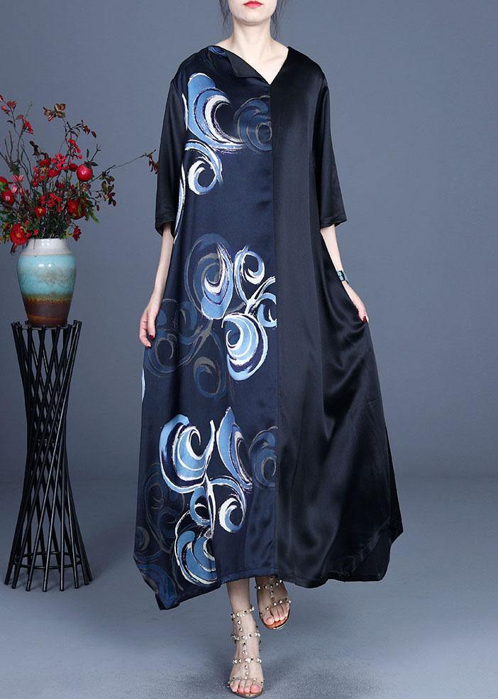 Fine Blue V Neck Asymmetrical Design Summer Silk  Ankle Dress - Omychic
