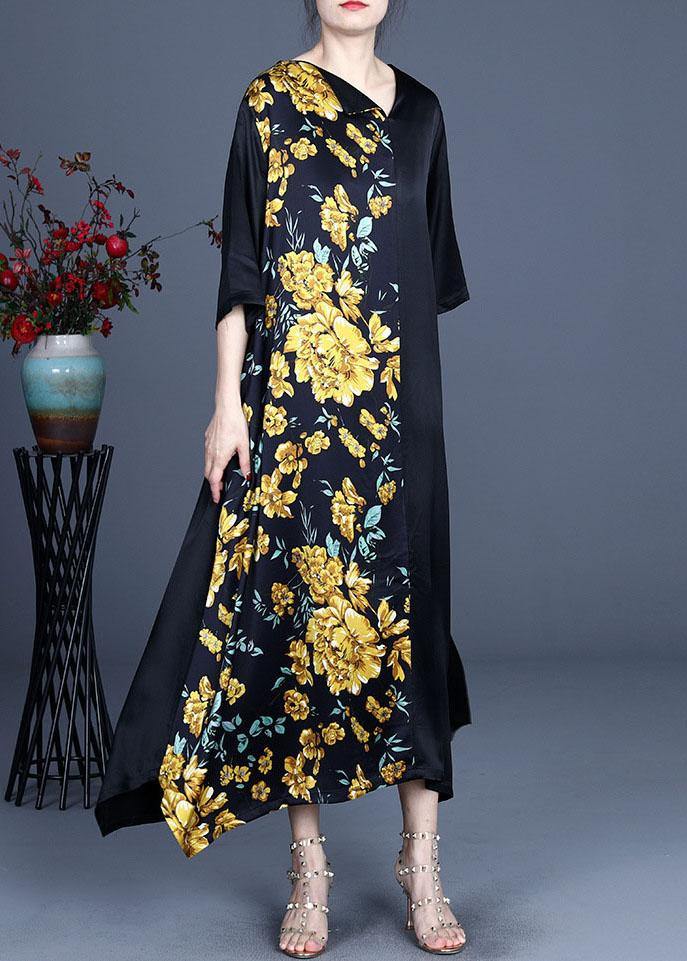 Fine Blue V Neck Asymmetrical Design Summer Silk  Ankle Dress - Omychic
