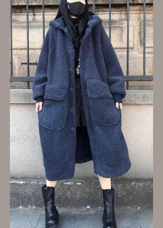 Fine Blue hooded Loose Casual Winter Long sleeve Trench Coats - Omychic