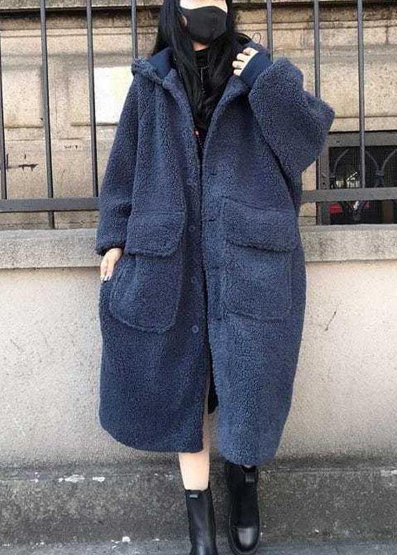 Fine Blue hooded Loose Casual Winter Long sleeve Trench Coats - Omychic