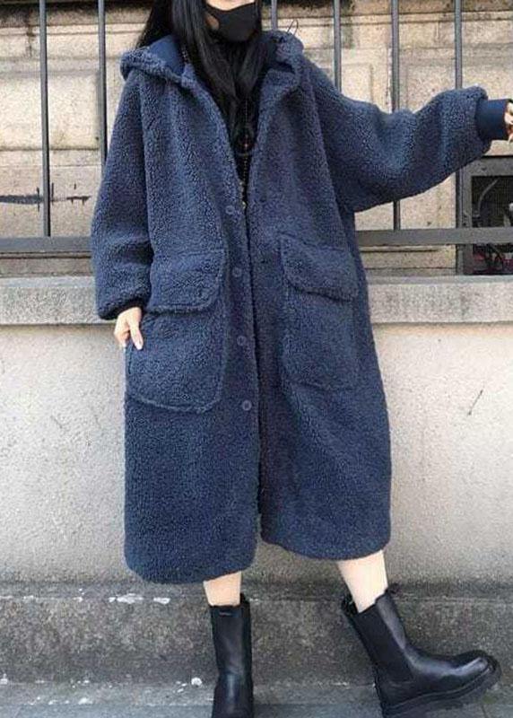 Fine Blue hooded Loose Casual Winter Long sleeve Trench Coats - Omychic