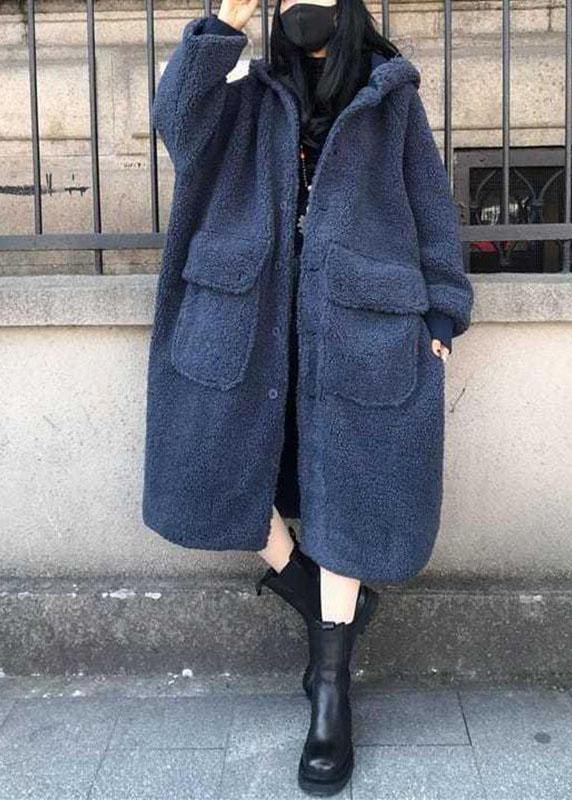 Fine Blue hooded Loose Casual Winter Long sleeve Trench Coats - Omychic