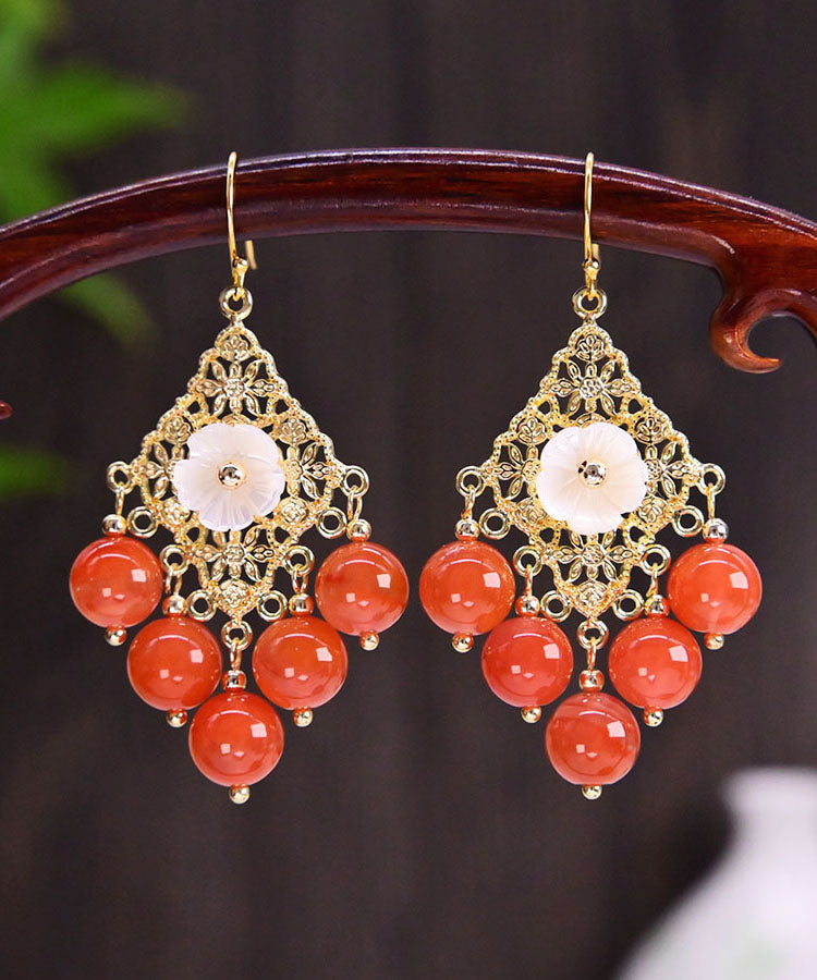 Fine Cherry Red Sterling Silver Overgild Agate Floral Drop Earrings