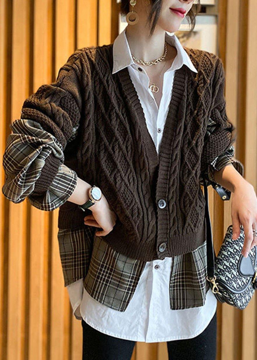 Fine Coffee Knit Patchwork Plaid Hollow Out wrinkled Fall Wool Two Piece Set Outfits - Omychic