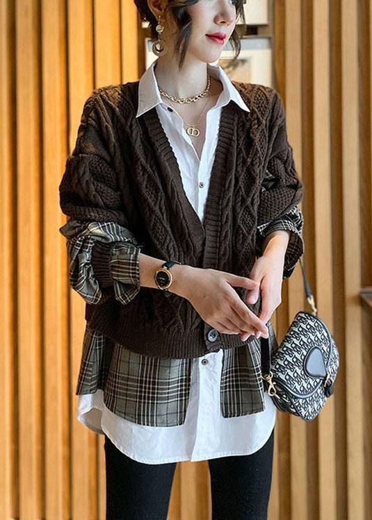 Fine Coffee Knit Patchwork Plaid Hollow Out wrinkled Fall Wool Two Piece Set Outfits - Omychic