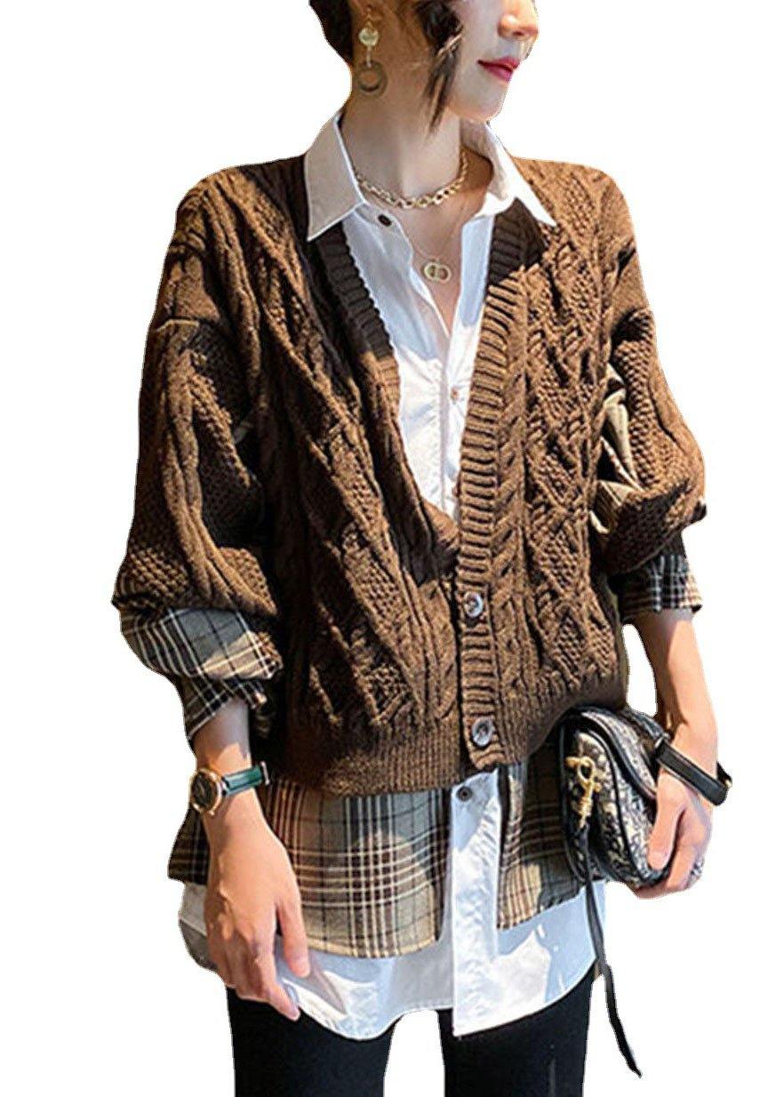 Fine Coffee Knit Patchwork Plaid Hollow Out wrinkled Fall Wool Two Piece Set Outfits - Omychic