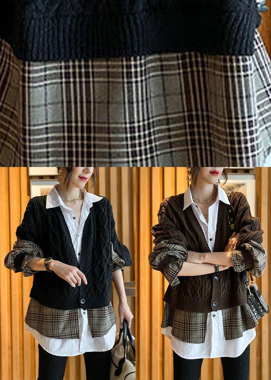 Fine Coffee Knit Patchwork Plaid Hollow Out wrinkled Fall Wool Two Piece Set Outfits - Omychic
