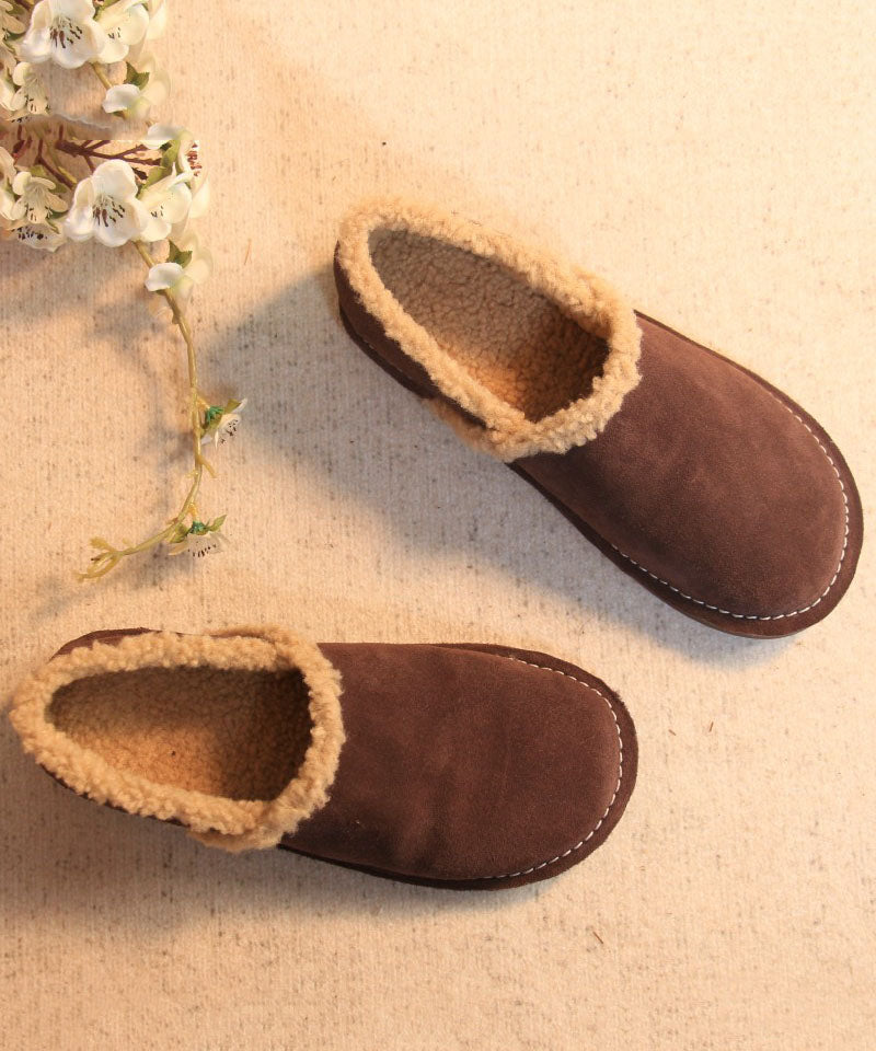 Fine Cowhide Leather Flat Shoes For Women Khaki Fuzzy Wool Lined Flat Feet Shoes