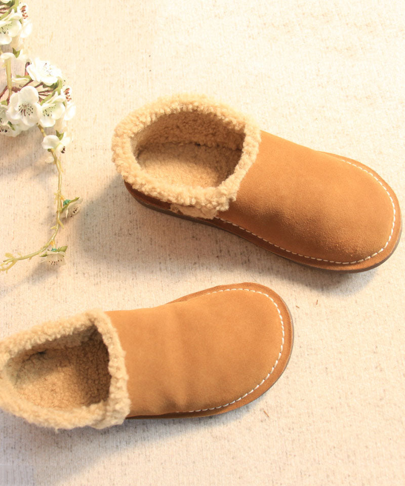Fine Cowhide Leather Flat Shoes For Women Khaki Fuzzy Wool Lined Flat Feet Shoes