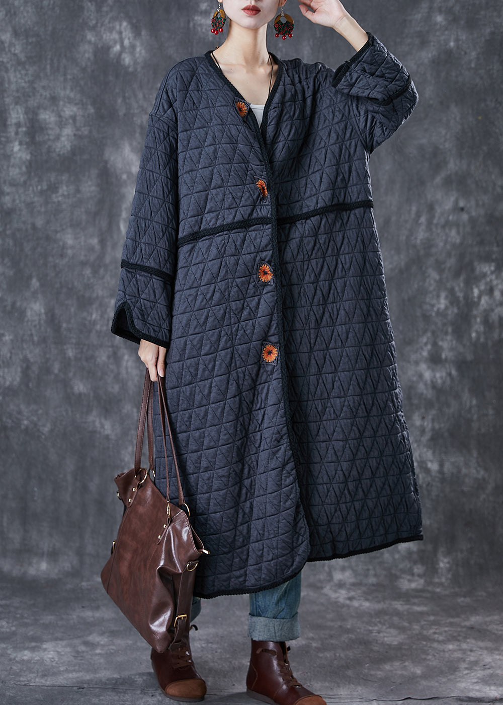 Fine Dull Grey Embroideried Oversized Fine Cotton Filled Coat Winter