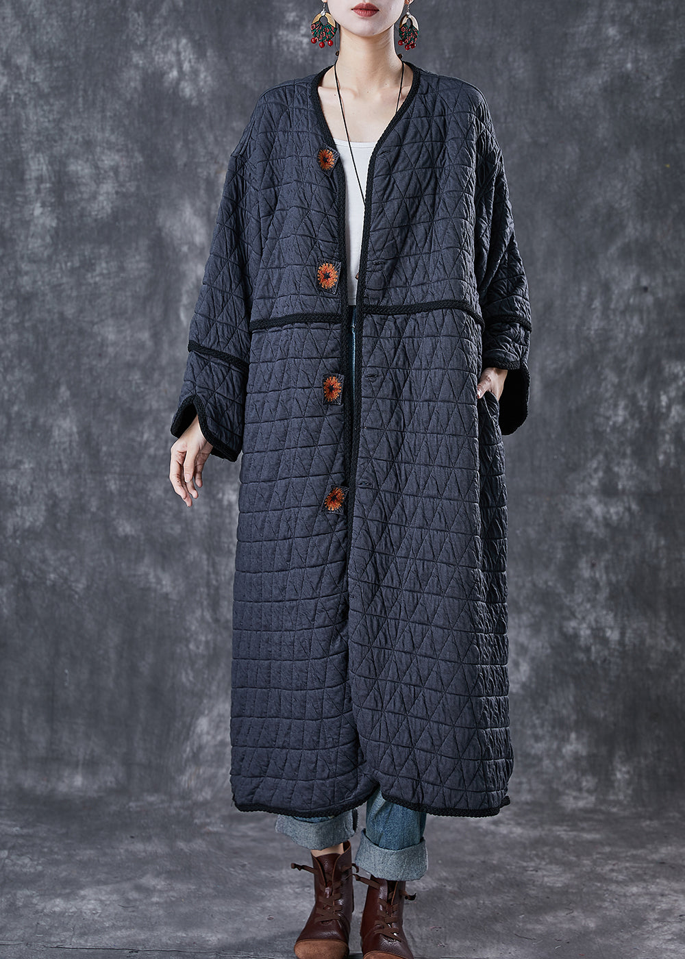 Fine Dull Grey Embroideried Oversized Fine Cotton Filled Coat Winter