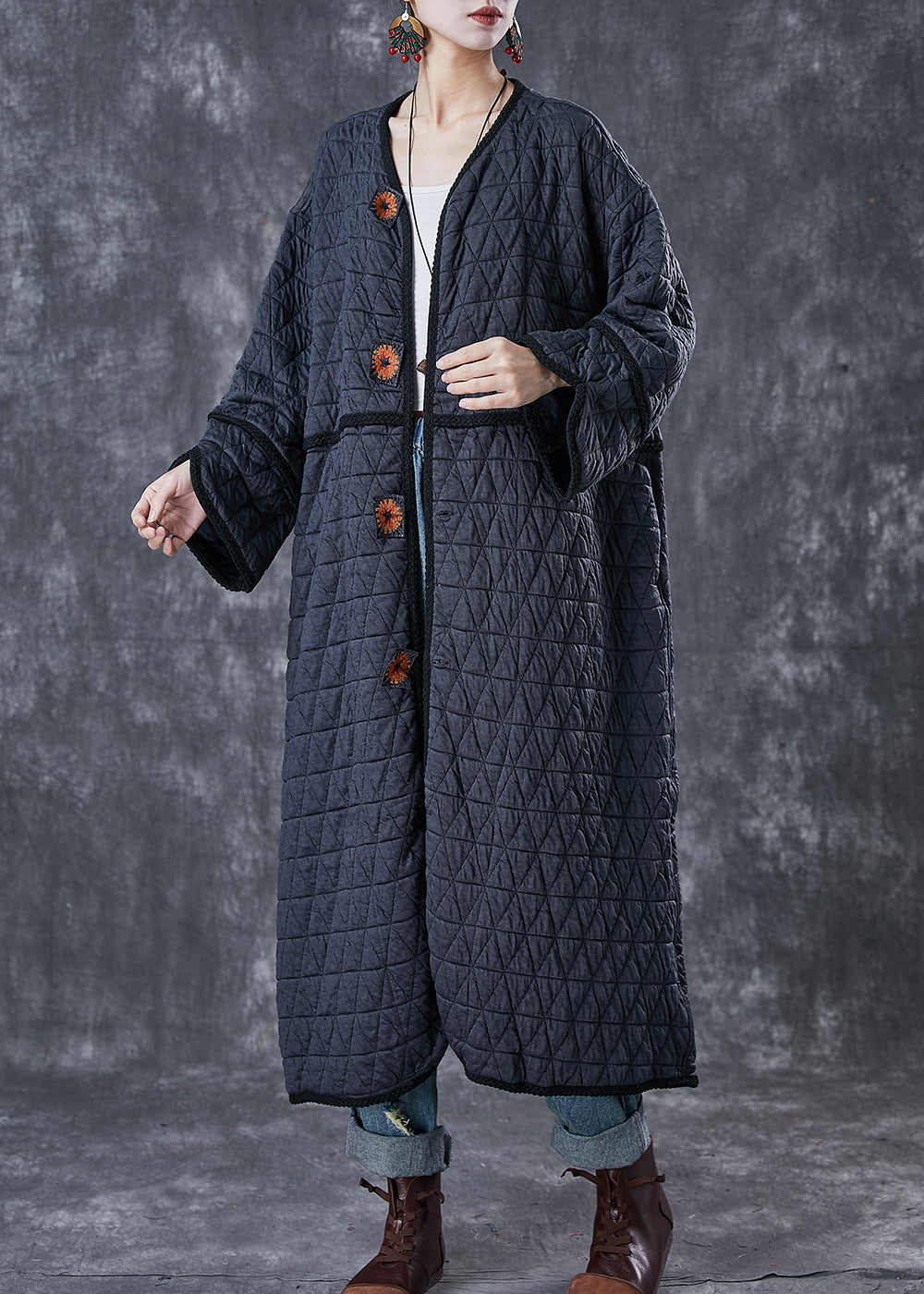 Fine Dull Grey Embroideried Oversized Fine Cotton Filled Coat Winter