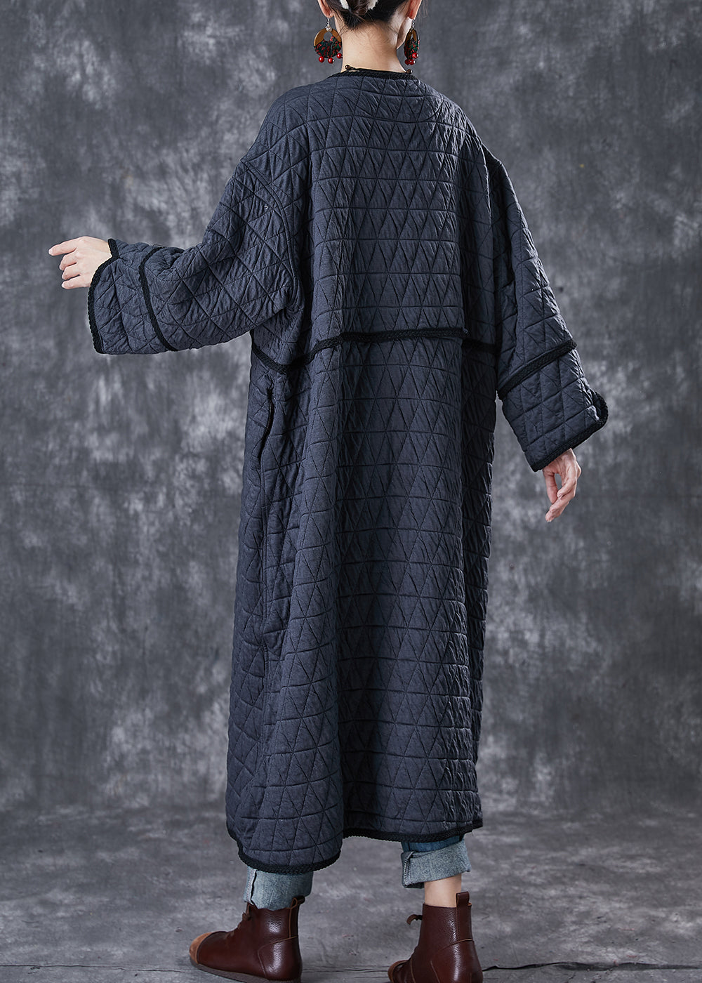 Fine Dull Grey Embroideried Oversized Fine Cotton Filled Coat Winter