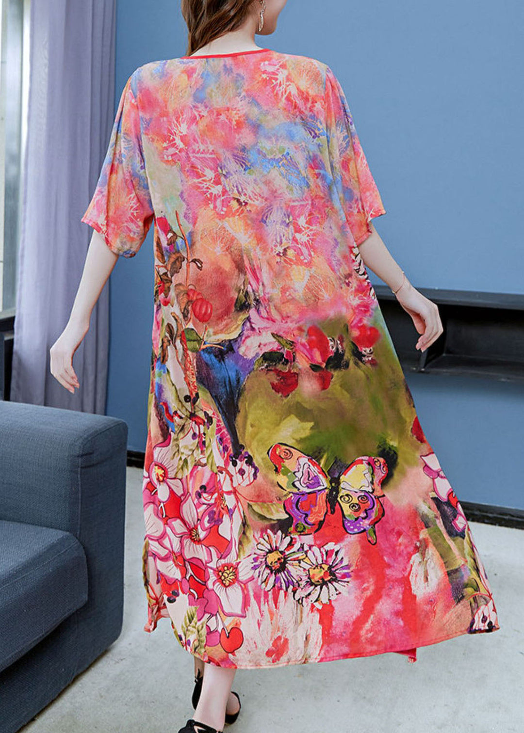 Fine Floral O Neck Chinese Button Patchwork Chiffon Mid Dress Summer