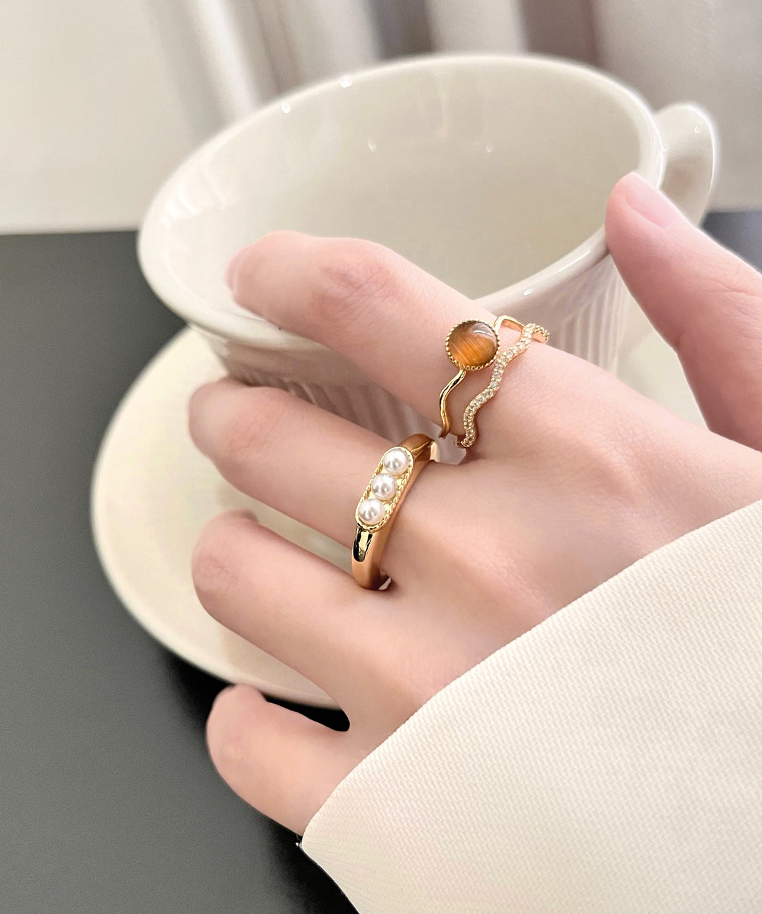 Fine Gold Overgild Inlaid Pearl Zircon Cat's Eye Stone Two Piece Set Rings