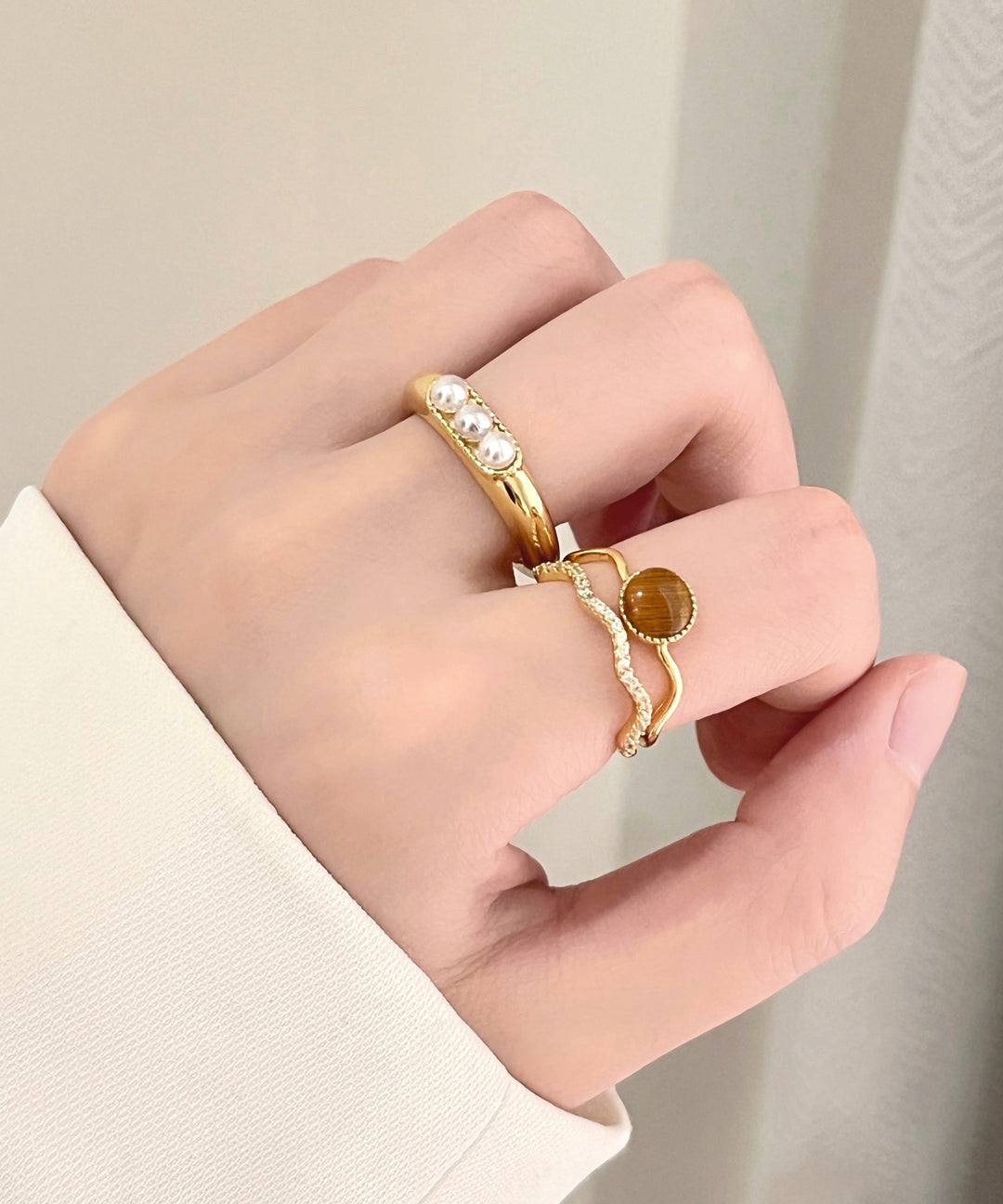 Fine Gold Overgild Inlaid Pearl Zircon Cat's Eye Stone Two Piece Set Rings