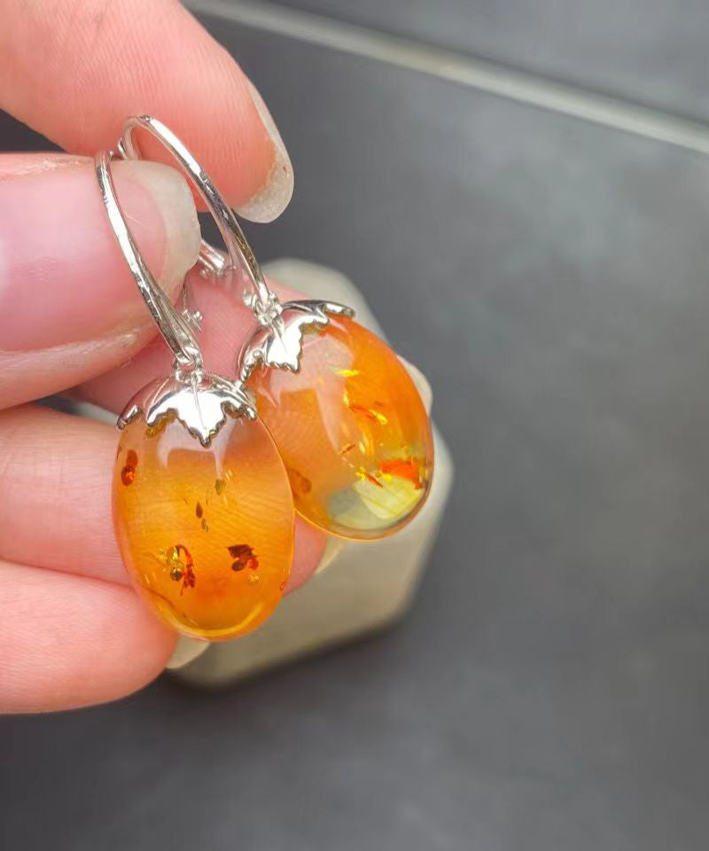 Fine Gold Sterling Silver Inlaid Amber Hoop Earrings