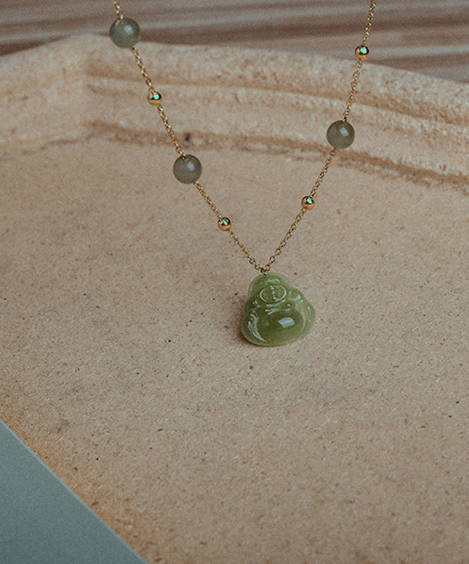 Fine Gold Sterling Silver Overgild Jade Buddha's Pendant Necklace