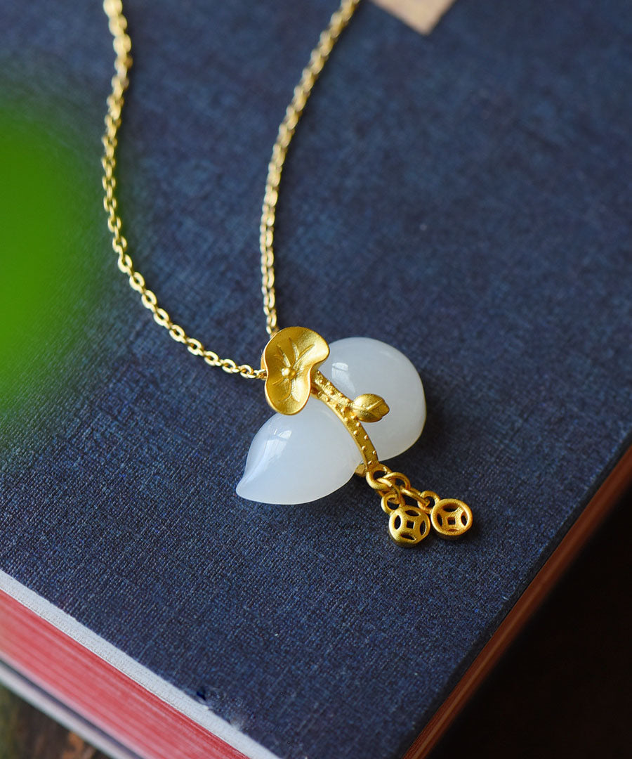 Fine Gold Sterling Silver Overgild Jade Gourd Pendant Necklace