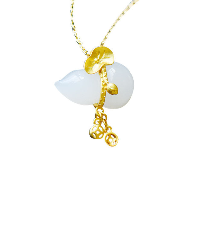 Fine Gold Sterling Silver Overgild Jade Gourd Pendant Necklace