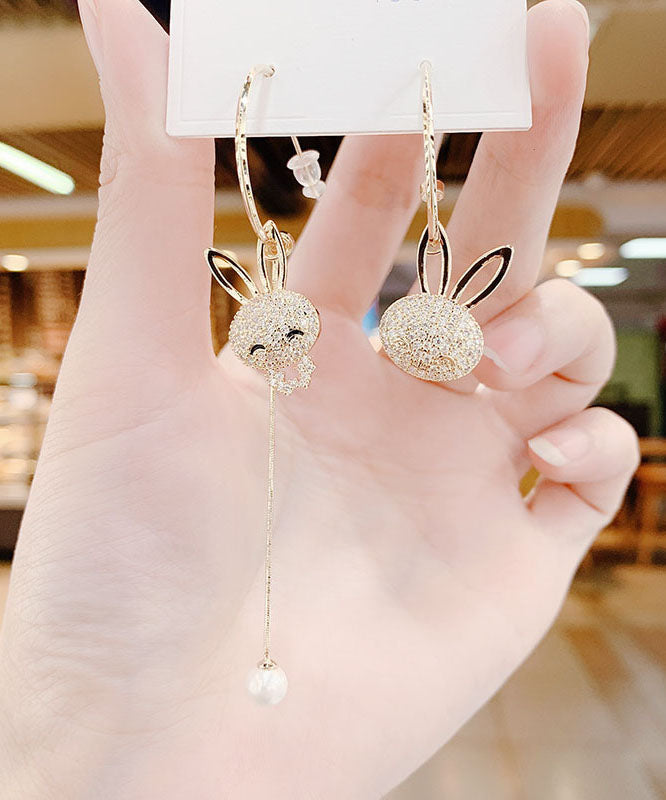 Fine Gold Sterling Silver Zircon Asymmetric Design Rabbit Tassel Drop Earrings
