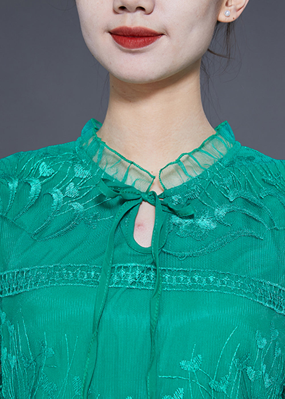 Fine Green Embroideried Hollow Out Tulle Holiday Dress Half Sleeve
