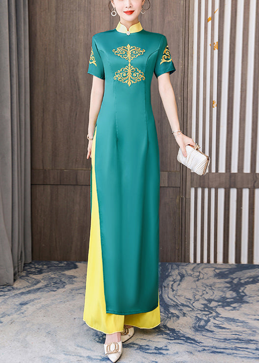 Fine Green Embroideried Slim Fit Side open Silk Dresses Vestidos Two Piece Set Short Sleeve