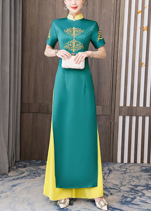 Fine Green Embroideried Slim Fit Side open Silk Dresses Vestidos Two Piece Set Short Sleeve