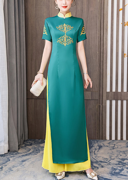 Fine Green Embroideried Slim Fit Side open Silk Dresses Vestidos Two Piece Set Short Sleeve