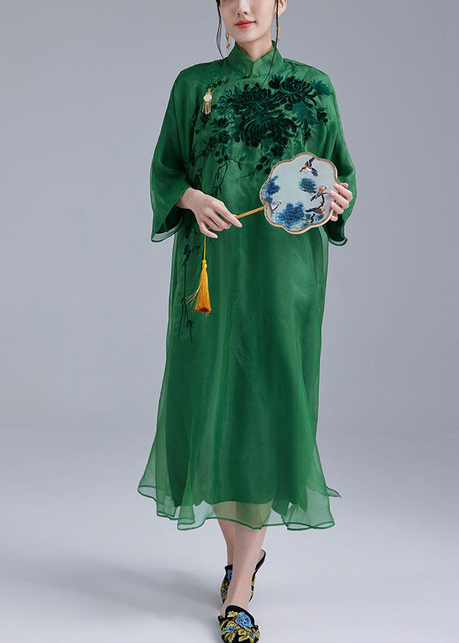 Fine Green Mandarin Collar Embroideried Tulle Silk A Line Dress Bracelet Sleeve