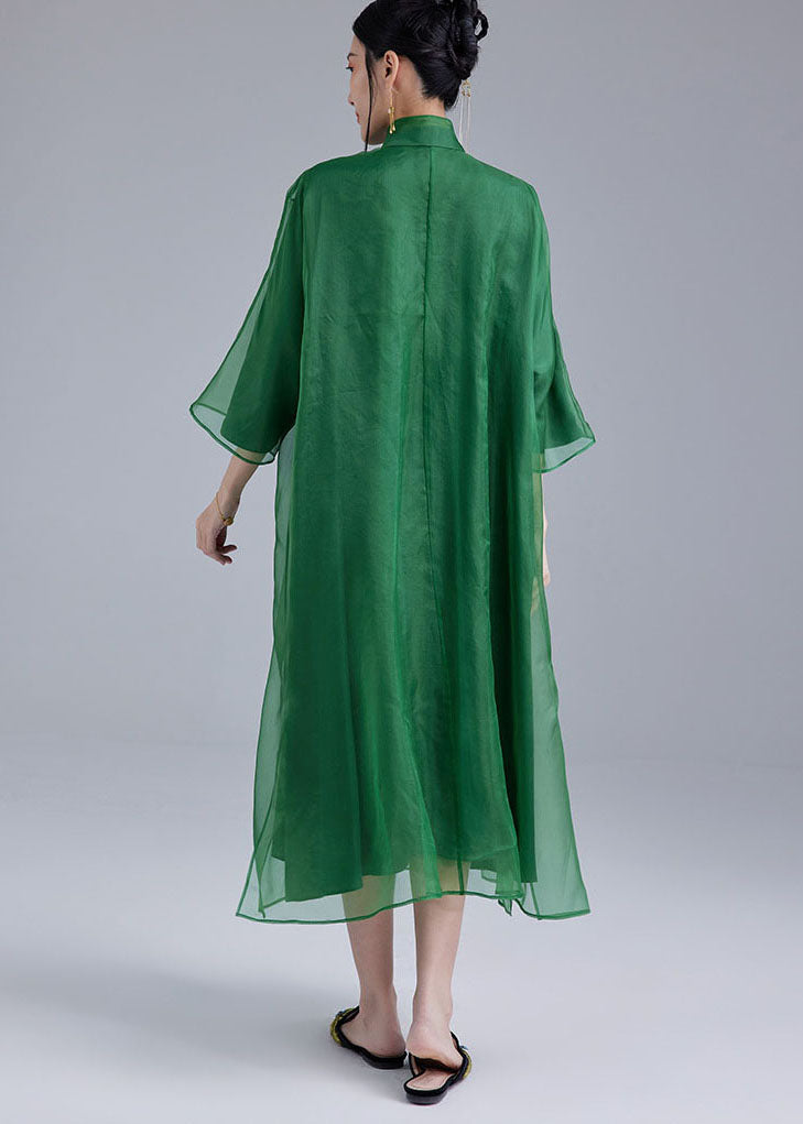 Fine Green Mandarin Collar Embroideried Tulle Silk A Line Dress Bracelet Sleeve