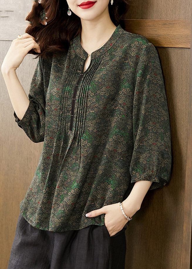 Fine Green O-Neck Print Silk Shirt Long Sleeve