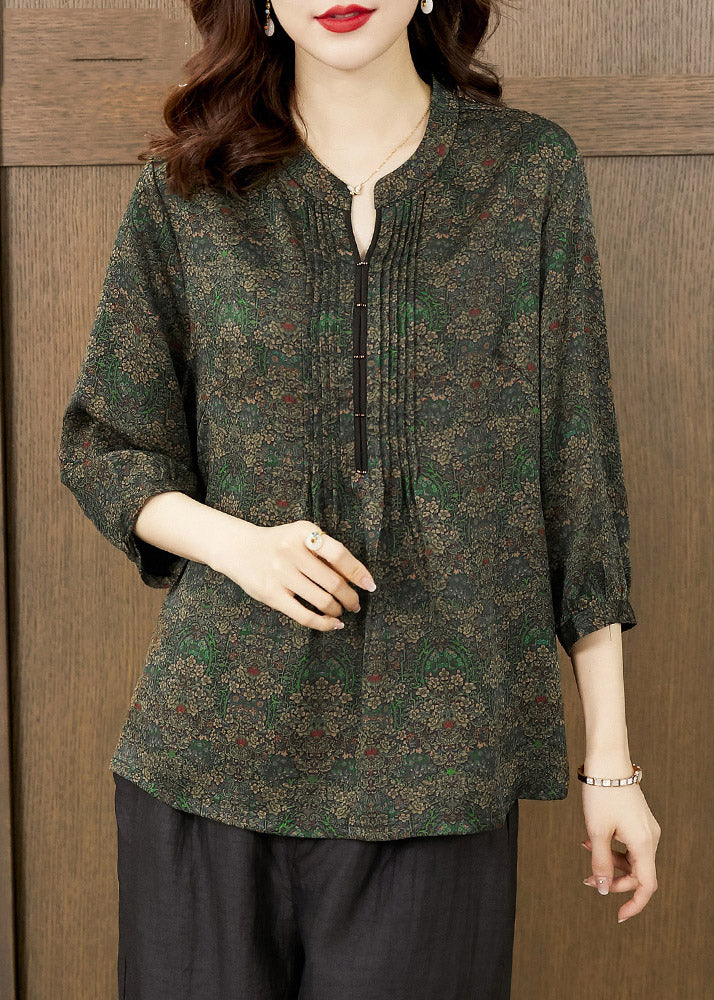 Fine Green O-Neck Print Silk Shirt Long Sleeve