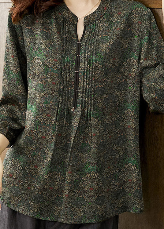 Fine Green O-Neck Print Silk Shirt Long Sleeve