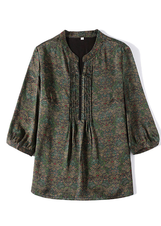 Fine Green O-Neck Print Silk Shirt Long Sleeve